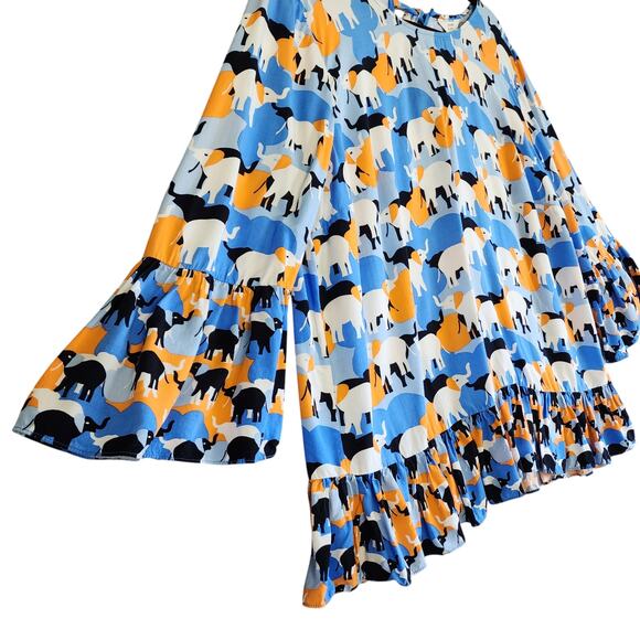 Crown & Ivy Womens Peplum Top Size XXL Bell Sleeves Elephant Print Orange Blue - Picture 2 of 10